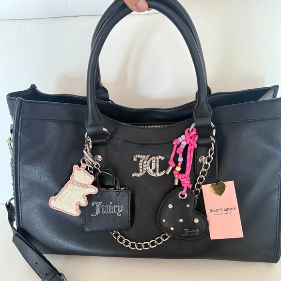 NWT JUICY COUTURE JUCIFY TOTE SHOULDER BAG PURSE BLACK DOG HEART MINI BAG CHARM - Picture 1 of 6